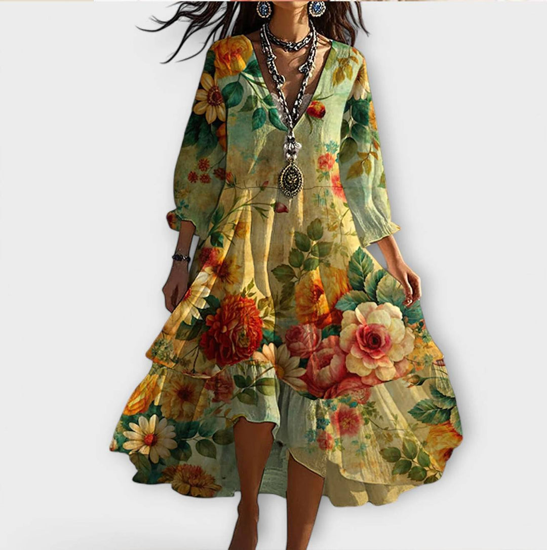 Marina | Vintage Boho Floral V-Neck Dress