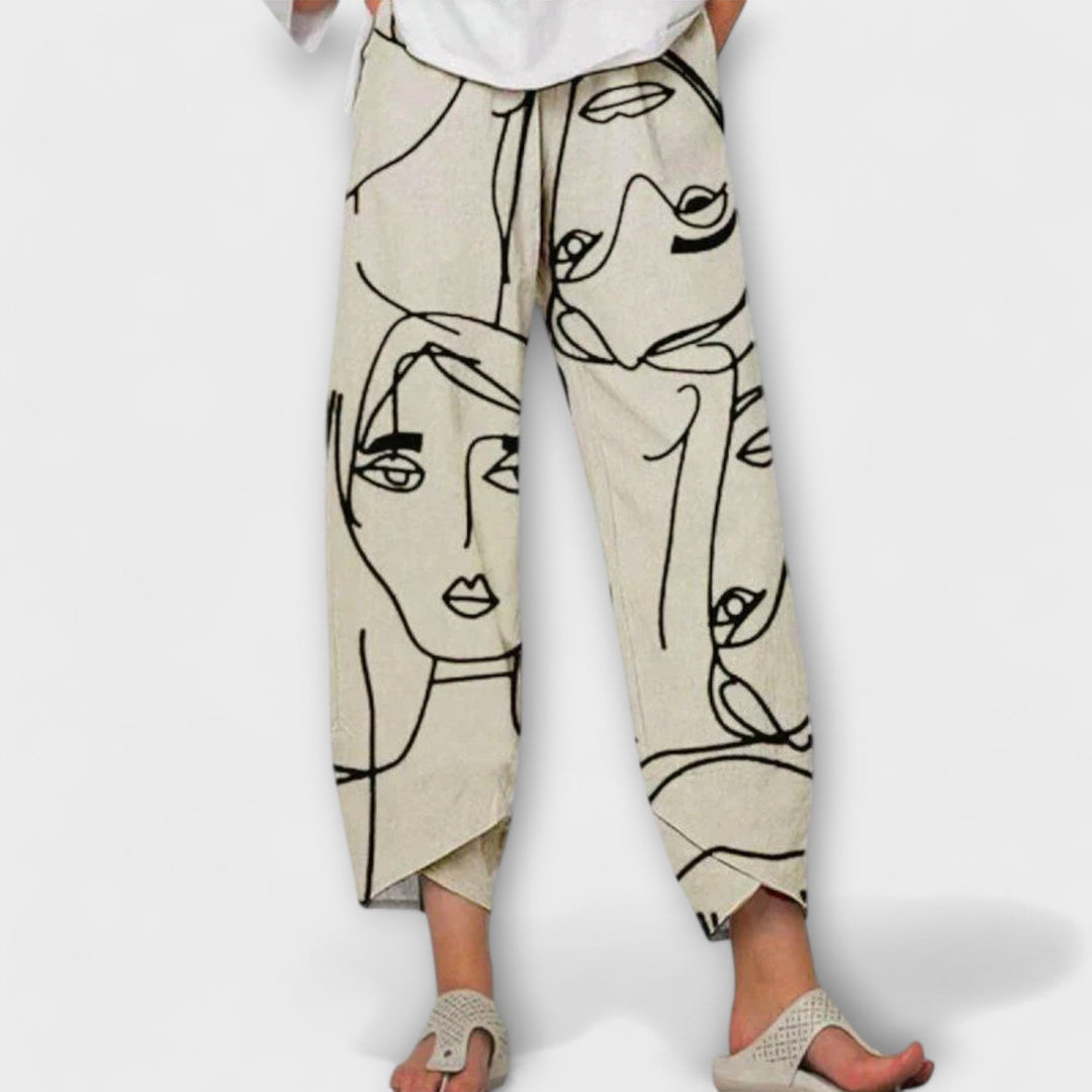Nahia | Artistic Linen Pants with Face Print